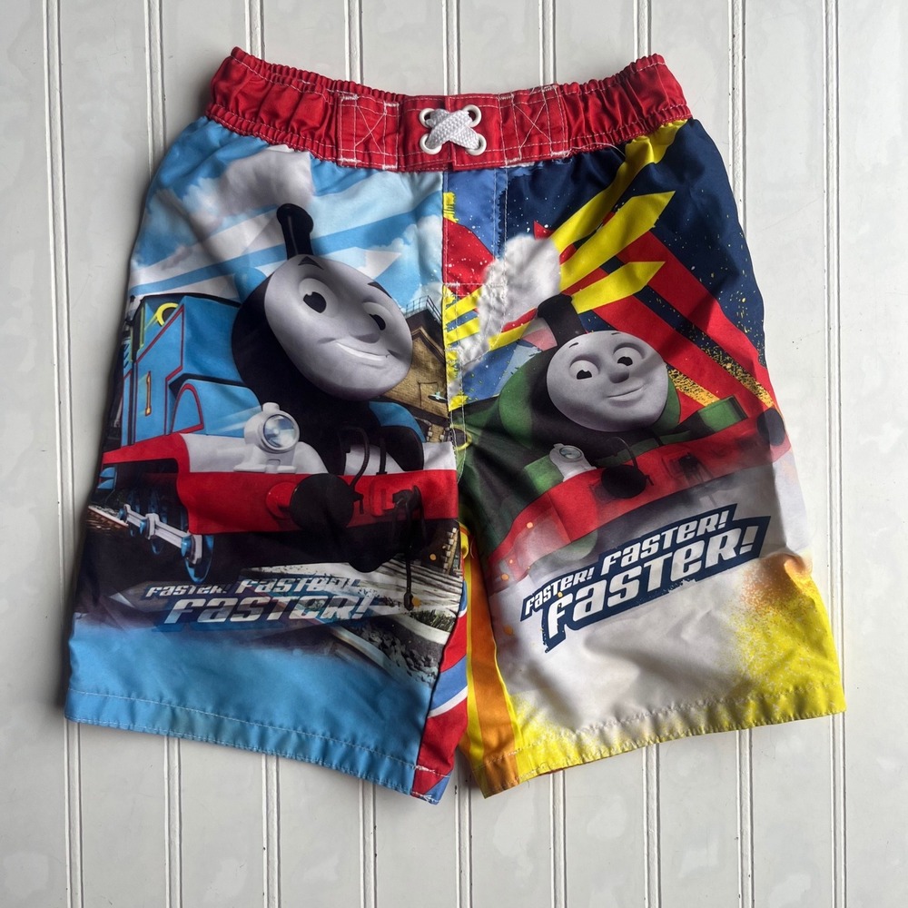 Y2k Thomas & Friends Boys Swim Trunks Size 4T Blue Red Percy Train Racing Shorts